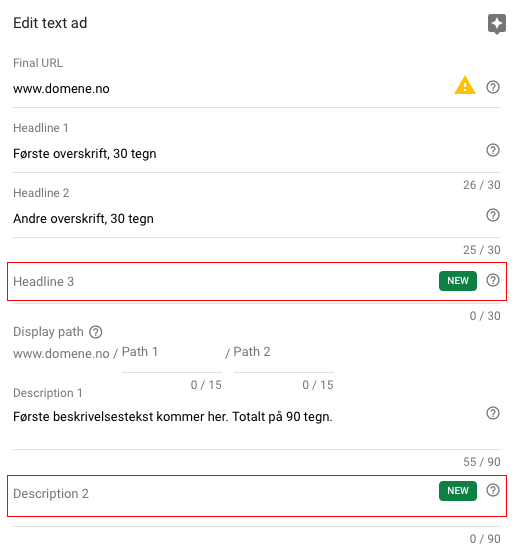 Her er de ny tekst-feltene i Google Ads