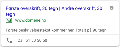 Gammel annonse som ikke utnytter alle tegene i Google Ads