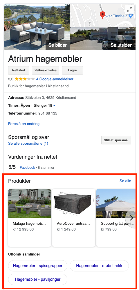 Google Min Bedrift med produkter