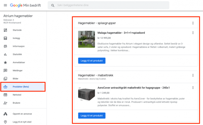 Google Min Bedrift med produkter i backend